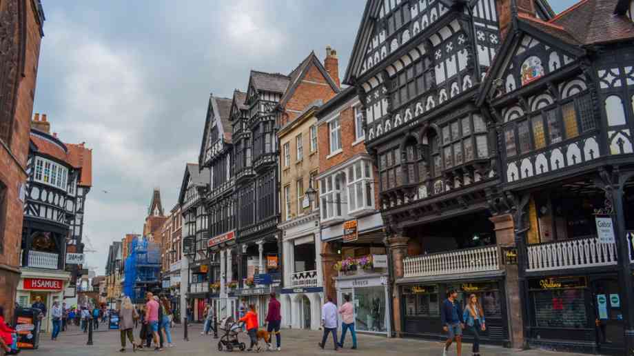 Busy high street in a British town.